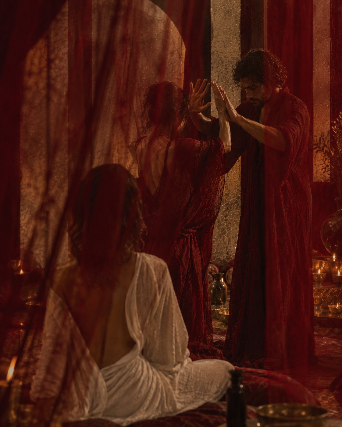 A couple exploring a guided Tantric Date practice