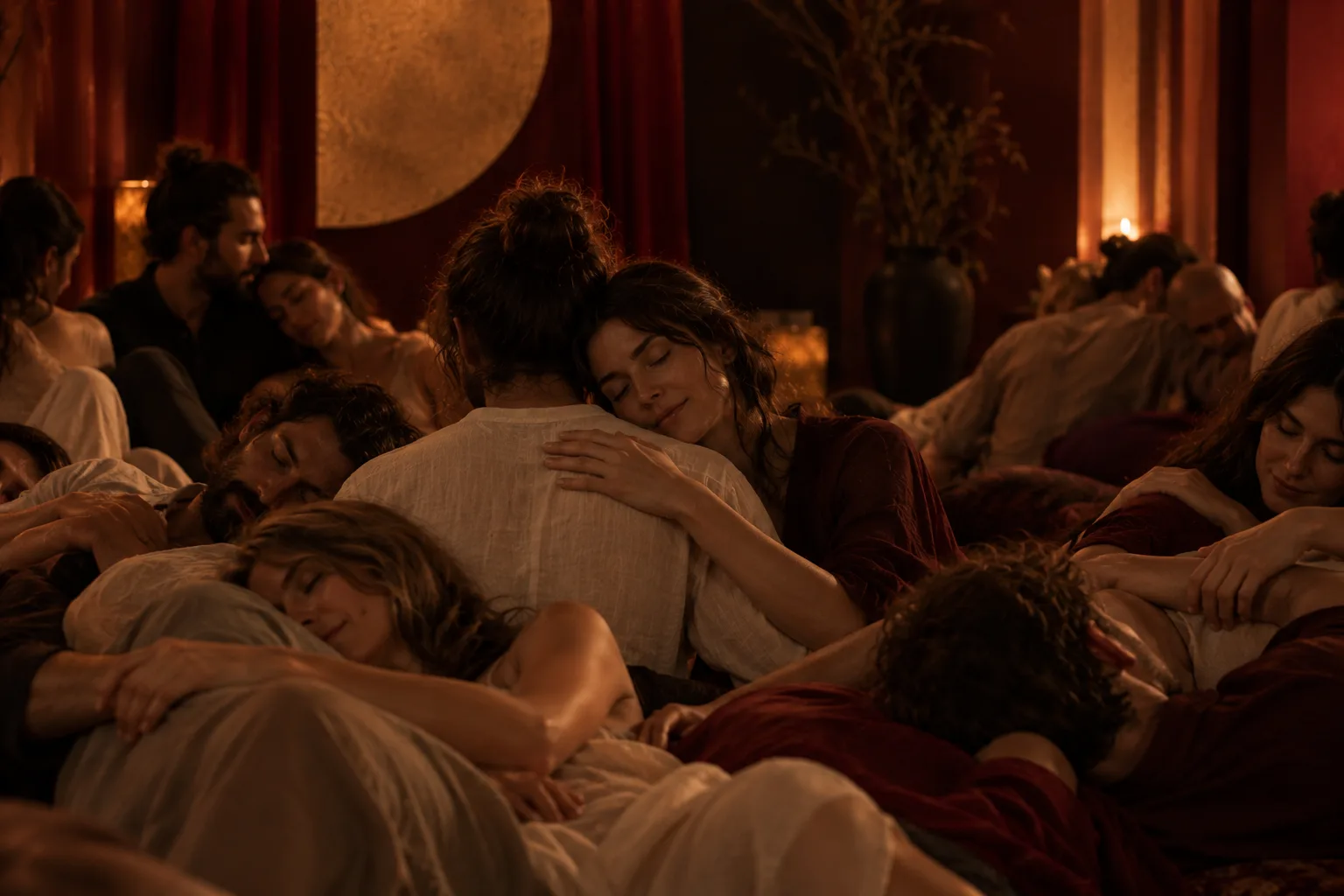 A relaxed group sharing warm, non-sexual closeness
