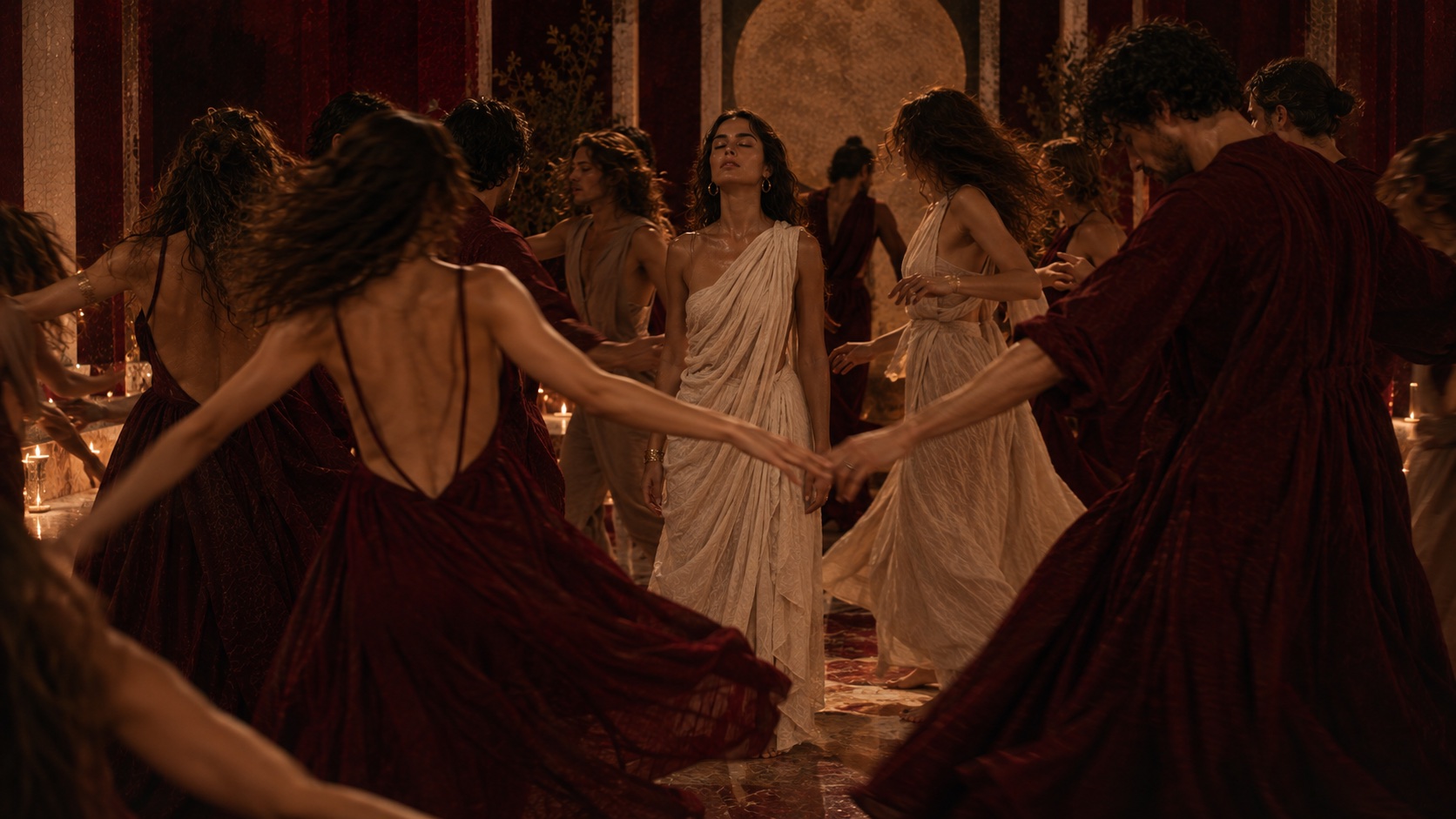 A group sharing a guided Tantra practice in warm light