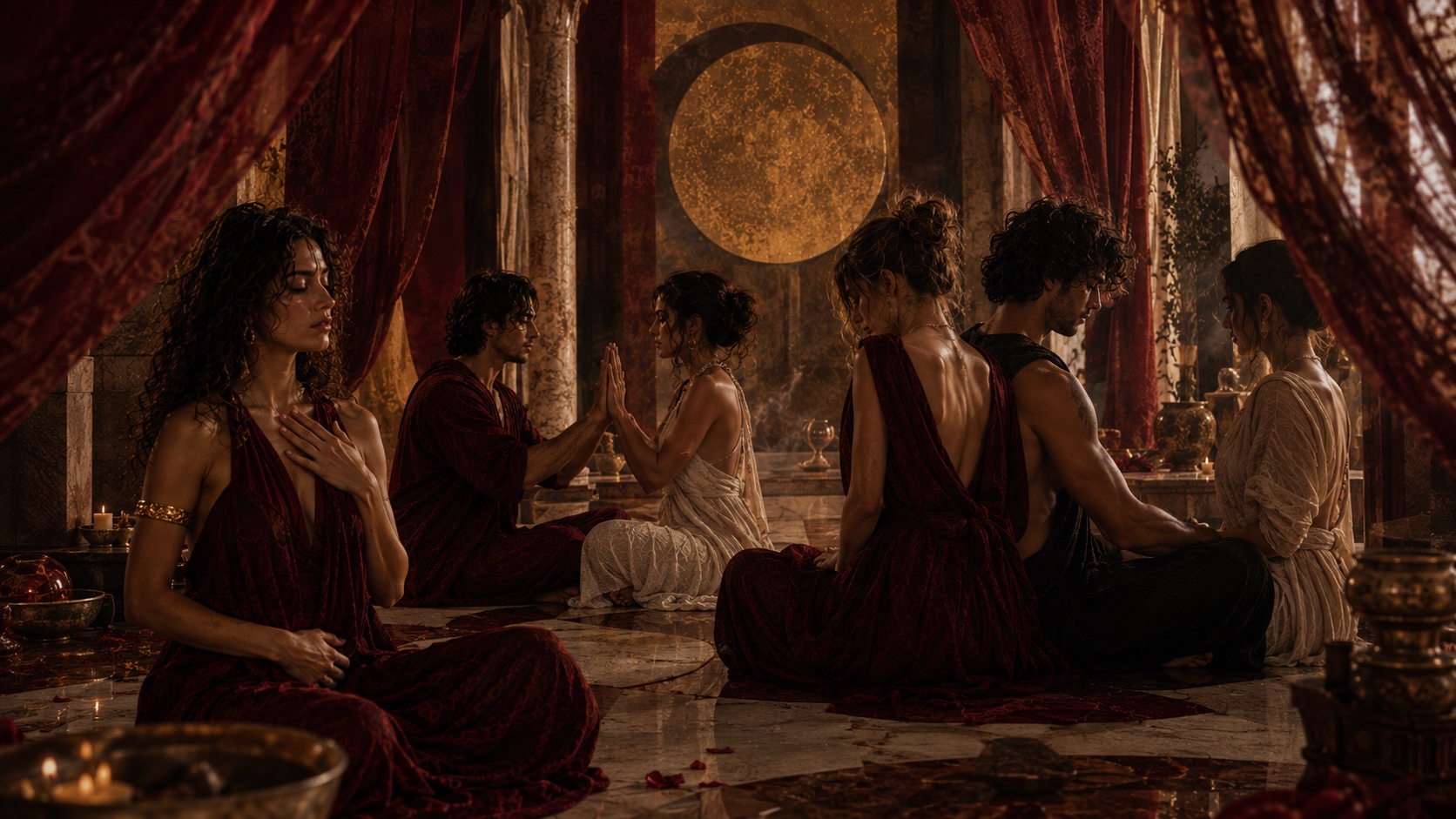 Adults exploring connection in an intimate burgundy and gold Temple setting