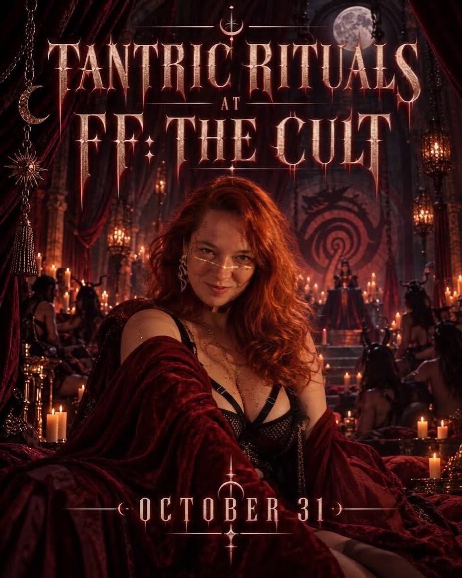 Olga Volshinets in a candlelit Halloween Cult setting with the event title and date