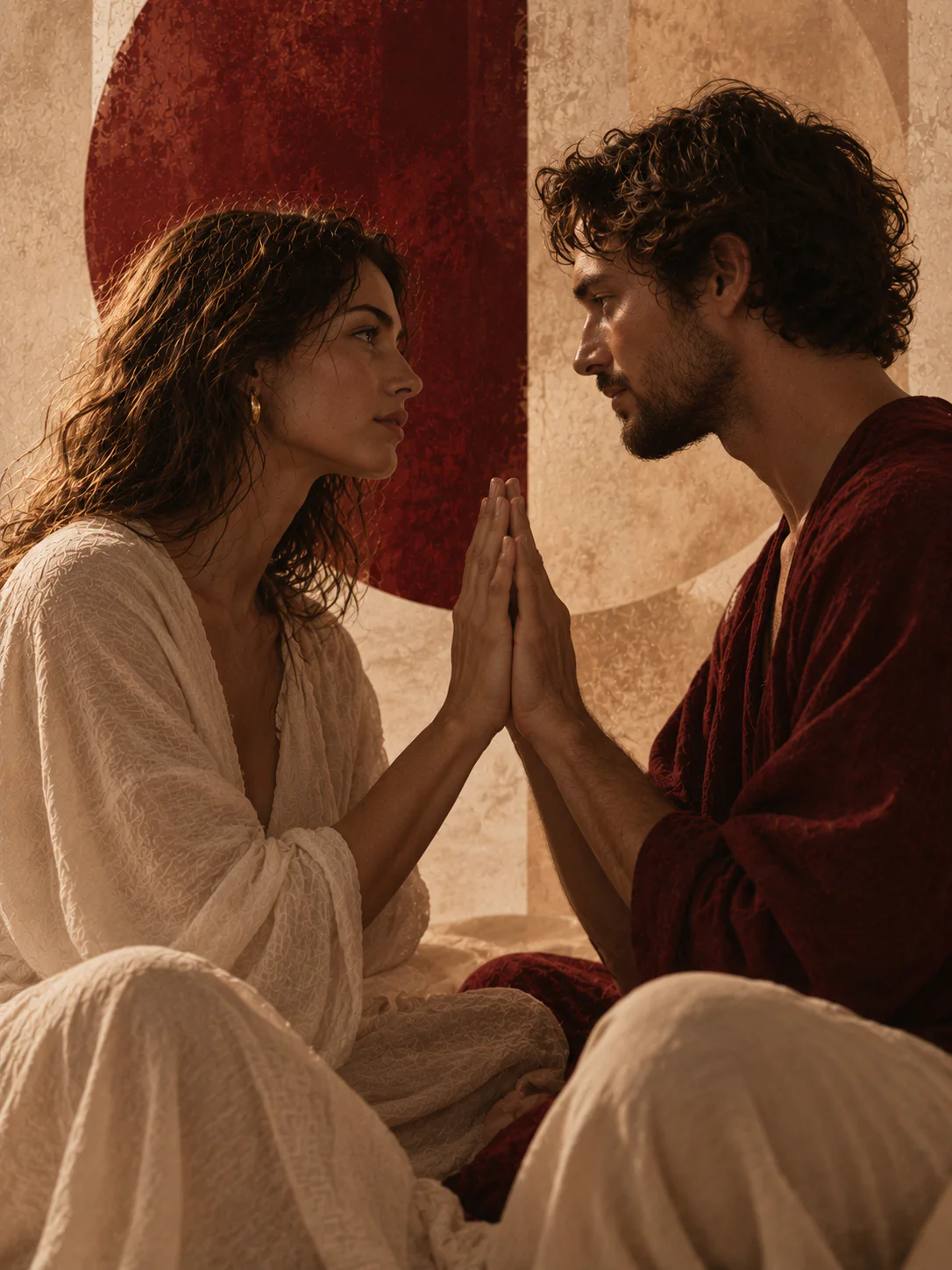 Two adults meeting through touch and sustained eye contact