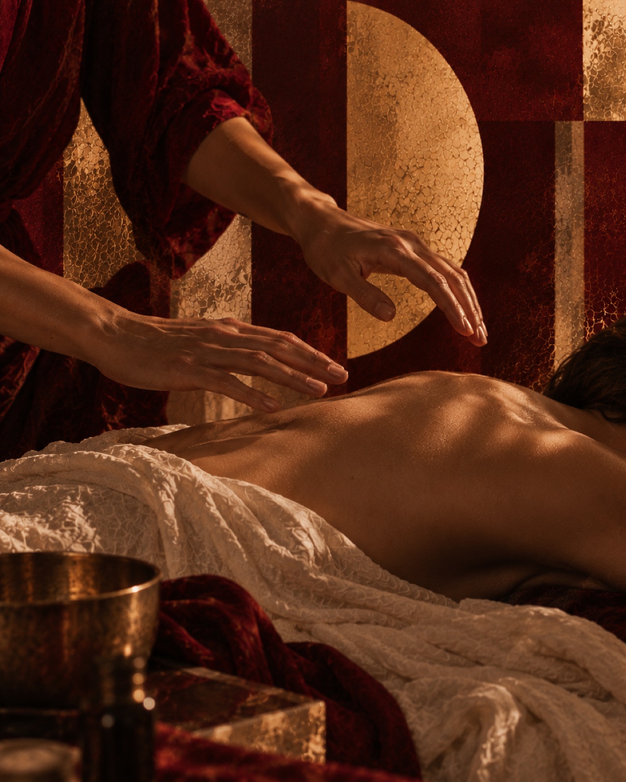 Editorial collage of attentive hands giving a full-body massage