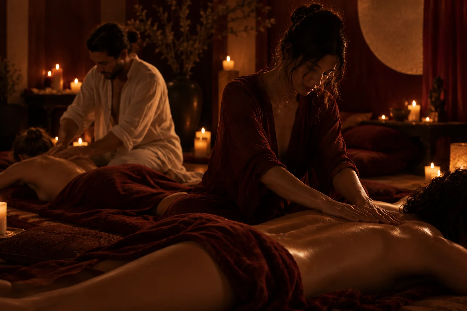 Pairs learning attentive full-body touch in a candlelit Tantric Massage workshop