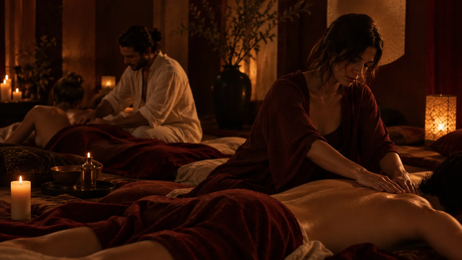 Pairs practising Tantric Massage with warm oil and guided attention