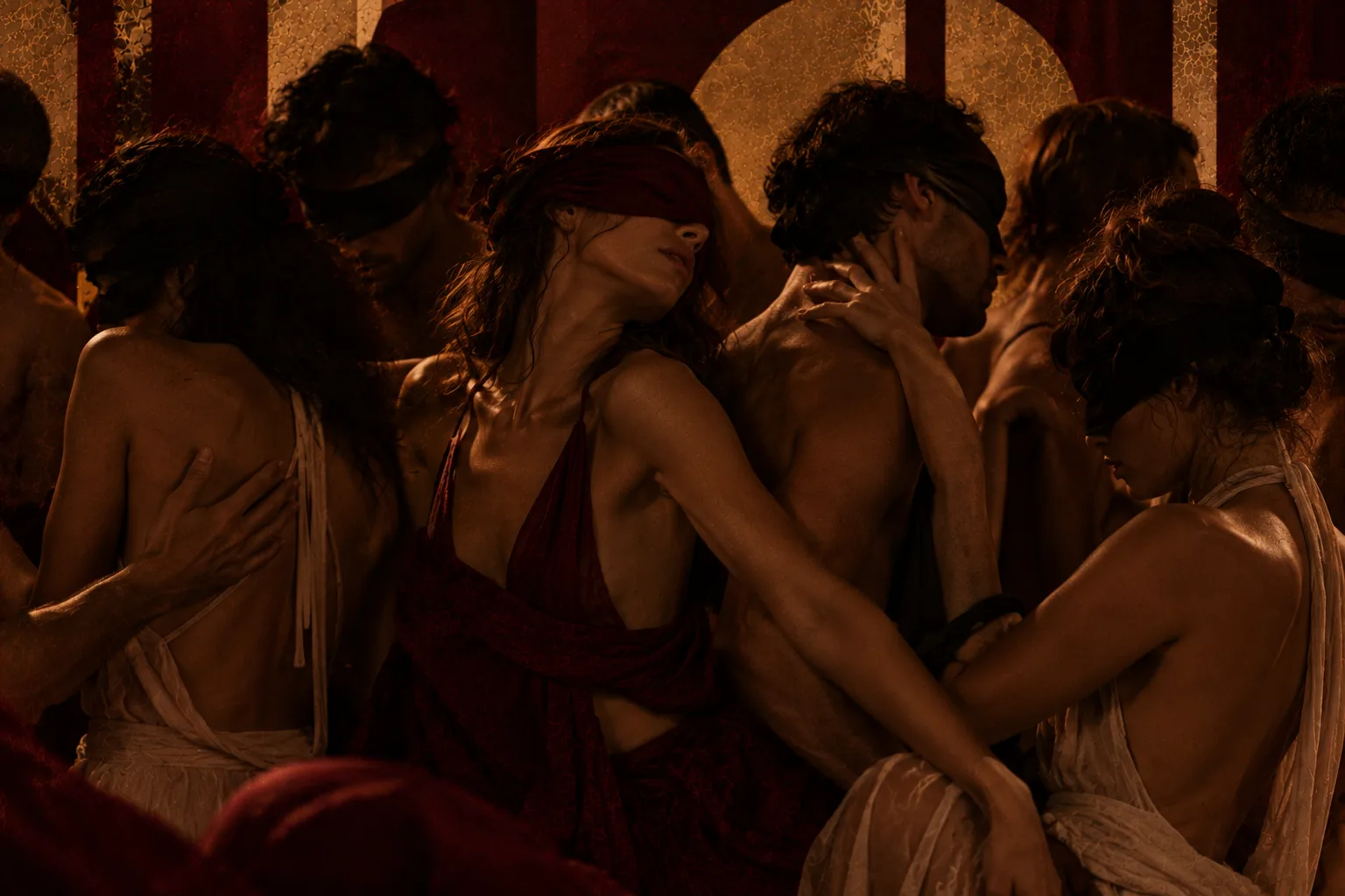 Blindfolded adults exploring attentive movement and touch in warm low light