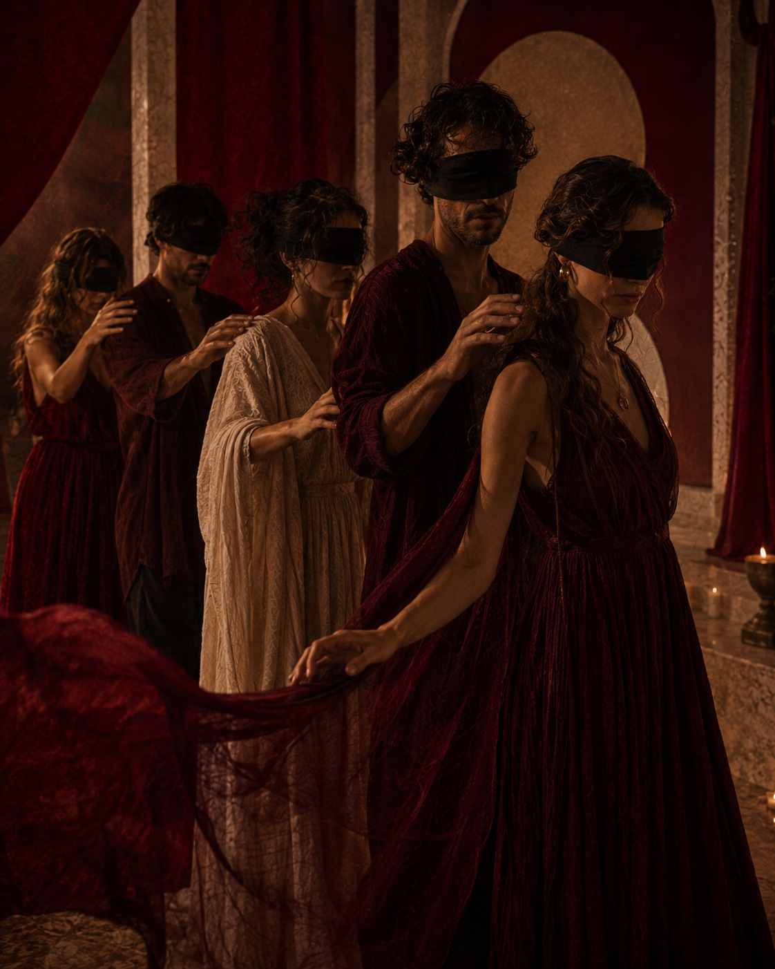 A blindfolded participant exploring sensory awareness in warm low light