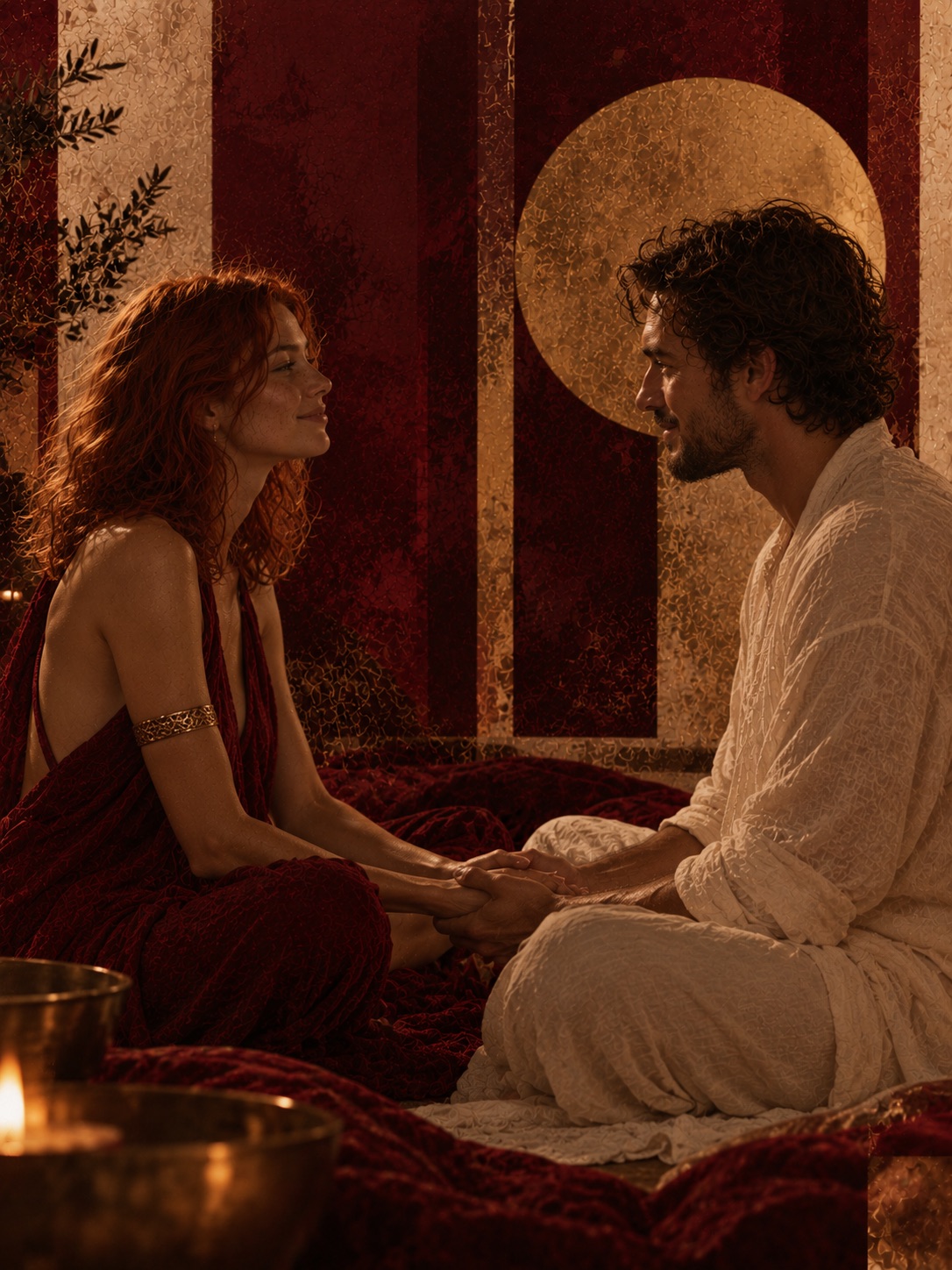 Two adults meeting through attentive touch during an individual Tantric Session